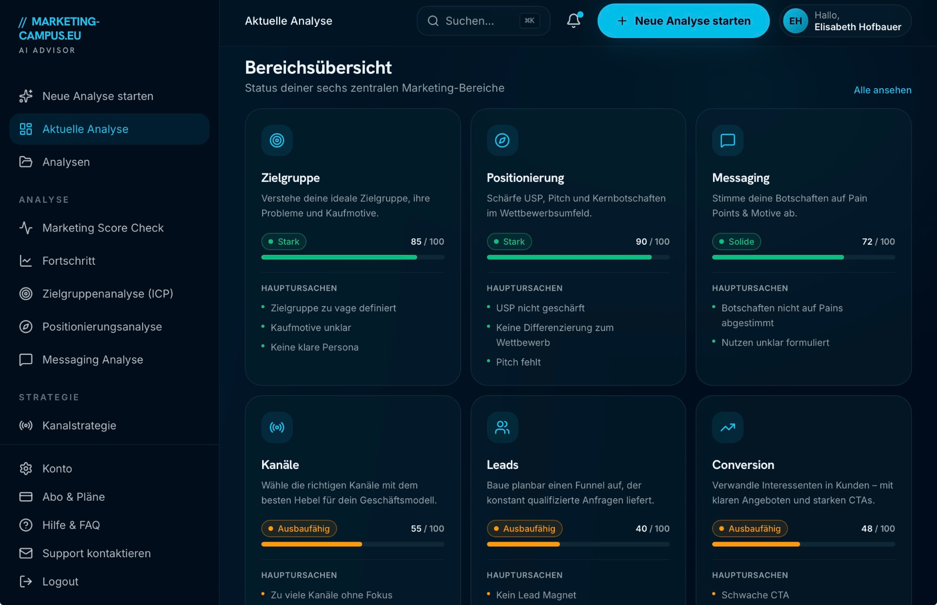 Vorschau des Marketing-Dashboards mit Bereichsübersicht und Marketing-Score